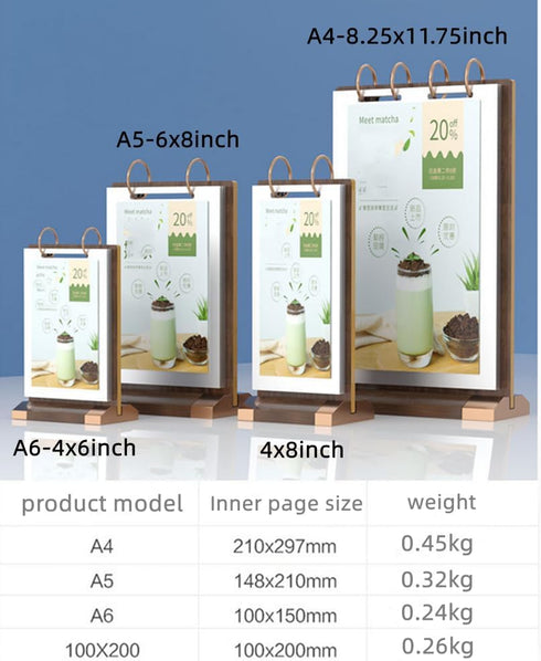 Rikyo A4 10 Pages-20 (8.5x11") Walnut Wood Sign Holder Vertical Table Card Flip Display Sides,T Double Sided Flyer