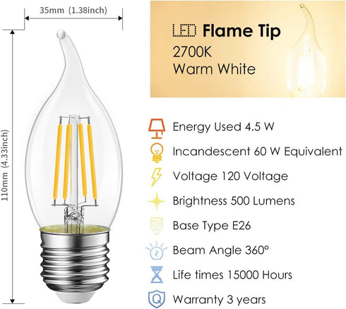 Bulb E26 Dimmable 4.5W (60W B11 Bulb2700K 12-Pack LVWIT Flame Tip LED Filament Candelabra Base Equivalent) Chandelier
