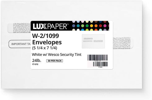 LUXPaper Double Window Tax Envelopes | Form W-2/1099 | Security Tint | 5 5/8" x 9" | White | 50 Qty