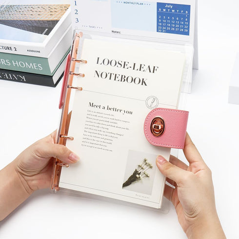 A5 90 6-Ring Clear Refillable Notebook Binder with Sheets Lined Paper Rose Gold Soft Transparent PVC Binder Cover