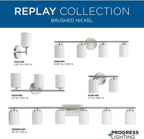 1-Light E26 Progress Lighting Replay Collection Etched White Glass Modern Bath Vanity Light Brushed Nickel