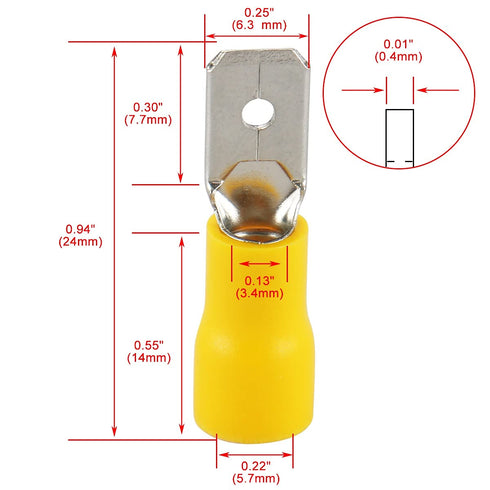 Baomain 1/4" Male Quick Disconnects - Vinyl Insulated Spade Wire Connector Electrical Crimp Terminal 12-10 AWG (Pack of