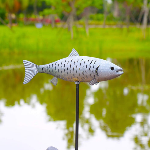 (Silver-2) KAIXOXIN Solar Garden Lights Metal Fish Decorative Stake for Outdoor Patio Yard Decorations,Warm White LED