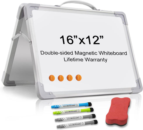 Small Dry Erase White Board, 16" x 12", Double-Sided Magnetic Portable Whiteboard Easel for Home, Office, Classroom