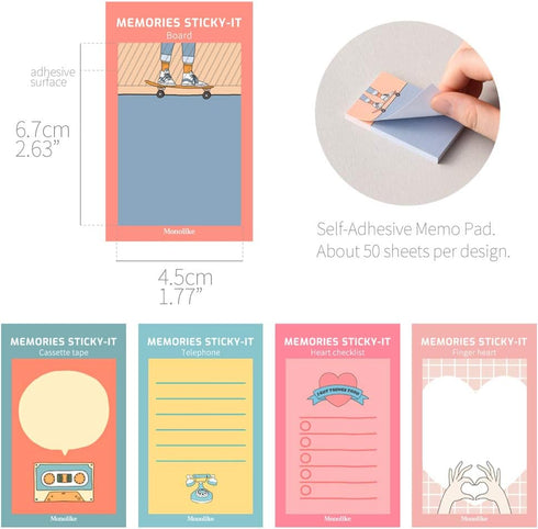 Monolike Memories Sticky-it, 5p Set Self-Adhesive Memo Pad with 50 Sheets
