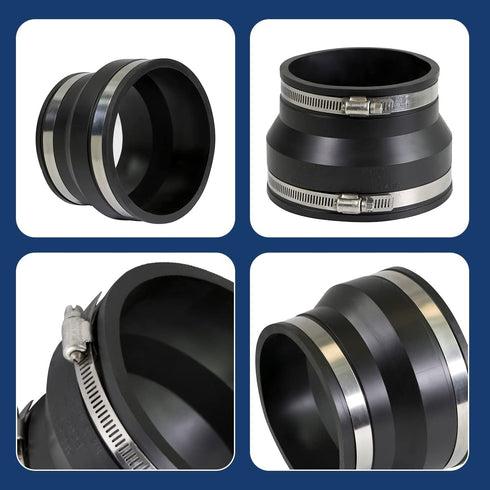 6I89 Flexible Rubber Coupling with Stainless Steel Clamps for 4" Cast Iron / PVC x 4" Clay