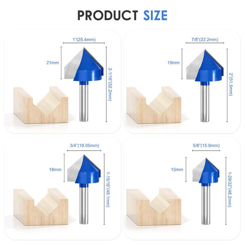Wingsflee 1/4 Inch 90 Set 8 (1/4" 1") Shank Degree V Groove Router Bit - Sizes to Solid Carbide Double Flute for CNC