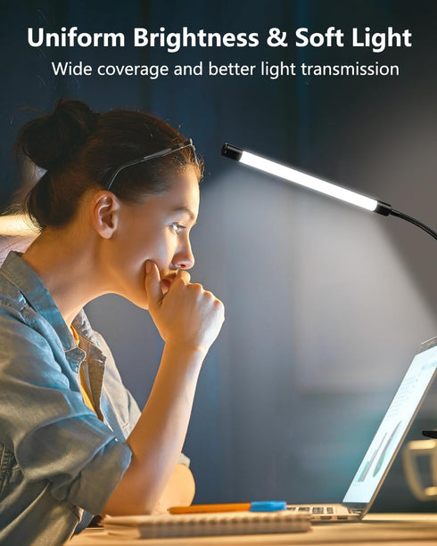 JHD LED Desk Lamp with Clamp, Adjustable 3 Modes, 10 Brightness Levels, USB Eye Caring Gooseneck Light, Black