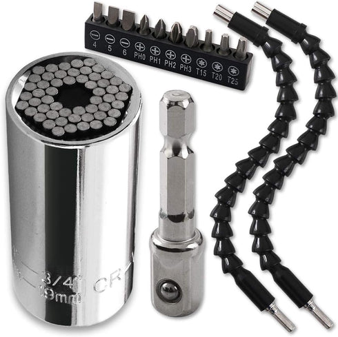 Universal Socket Wrench, Self-adjusting Socket Fits 1/4''-3/4'' (7-19mm) with Ratchet Wrench Adapter, 2Pcs Extension