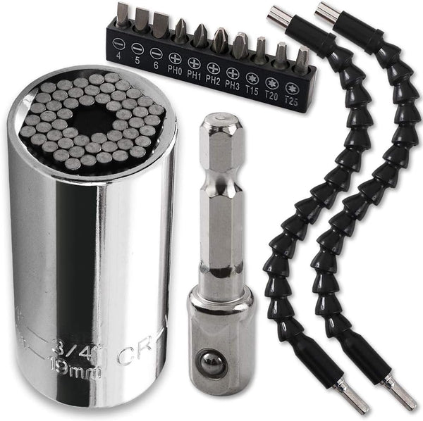 Universal Socket Wrench, Self-adjusting Socket Fits 1/4''-3/4'' (7-19mm) with Ratchet Wrench Adapter, 2Pcs Extension