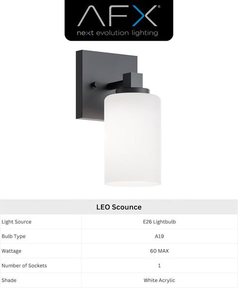 LEOS0509MBBK 8 inch E26 A19 Bulb Commercial AFX Leo Wall Sconce | Damp Rated Indoor Wall Light or Covered Porch |