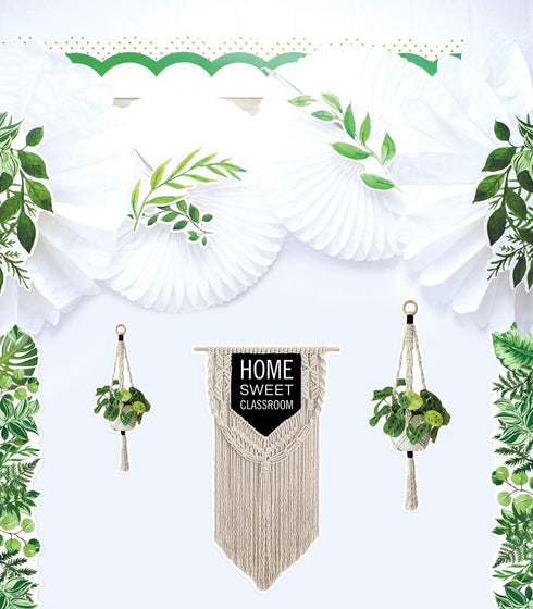 Schoolgirl Style Simply Boho Bulletin Board Set—Home Sweet Classroom Macrame Header, Leaf Border Trims, 58 pc