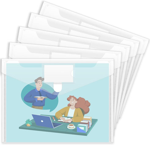 Sooez 5 Pack Plastic Envelopes, Clear Document Folders, US Letter A4 Size File Envelopes with Label Pocket