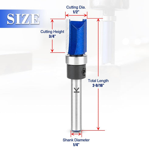 1/4 Inch 3/4" Length,1/2" Pattern Flush Trim Router Bits Shank, Cutting Cutting Diameter, Bottom Bearing Carbide Flush