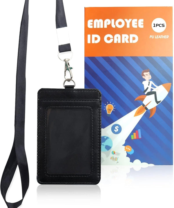 Badge Holder with Detachable Lanyard, Vertical PU Leather ID Holder with Clear ID Window & Card Slot (Black)
