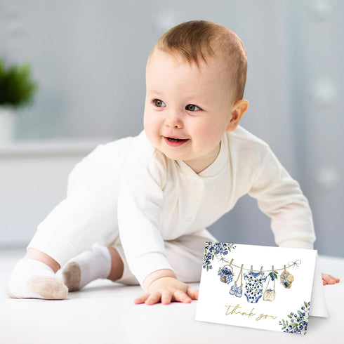 50 4 6 Inch Whaline Pcs Baby Shower Thank You Cards Greeting Cards with Envelopes Stickers Gold Foil Blue Berry Plaid
