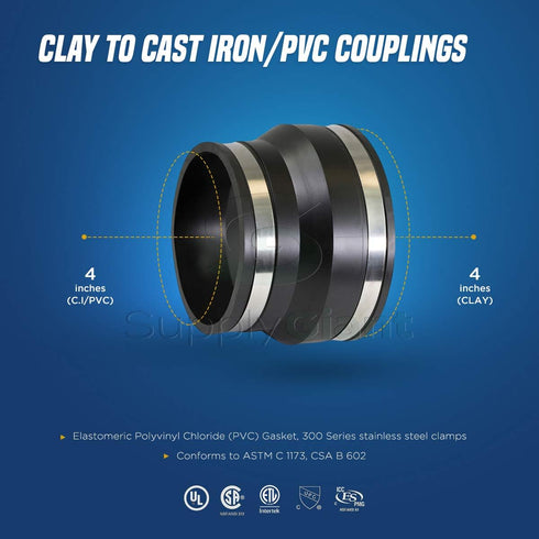 6I89 Flexible Rubber Coupling with Stainless Steel Clamps for 4" Cast Iron / PVC x 4" Clay