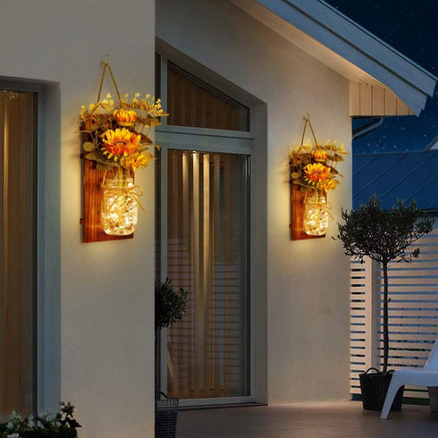 Set OurWarm Sunflower Wall Sconces of Two, Mason Jar Sconces Farmhouse Wall Decor Comes with Remote Control and Warm