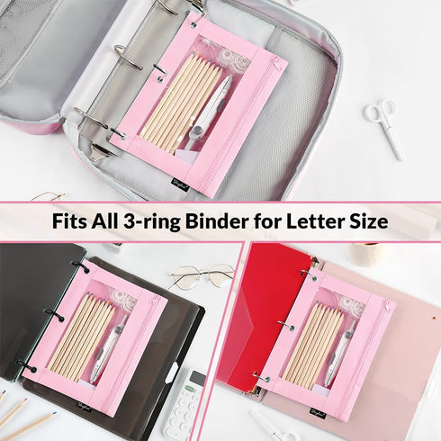 SKYDUE Pencil Pouch for 3 Ring Binder, Clear Window Pencil Case with Smooth Zipper for Girls Boys, Pink & Purple