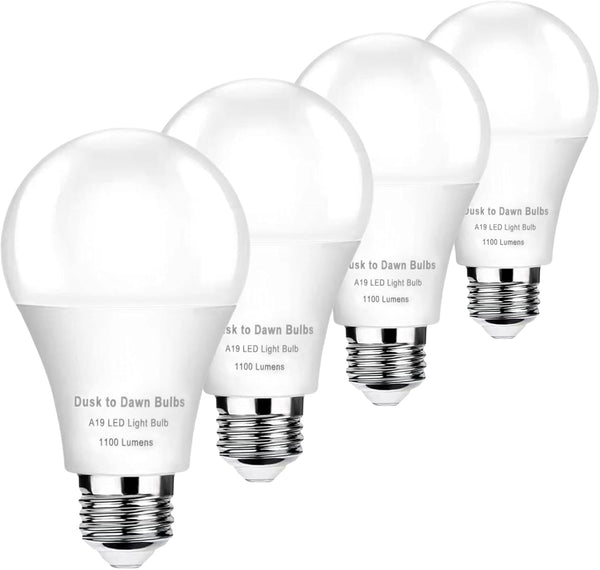 4 Pack Dusk to Dawn Light Bulbs, Outdoor A19 LED, 2700K Warm White 1100LM, Auto on/Off Photocell for Indoor & Outdoor