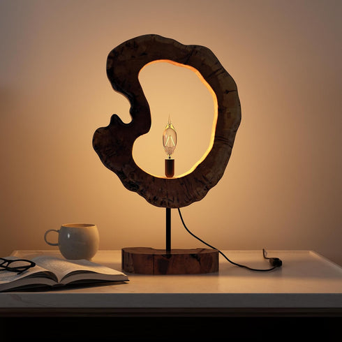 LAPTAIN Wood Table Lamp, Irregular Jujube Tree Wooden Bedside Lamp, Creative Home Decor