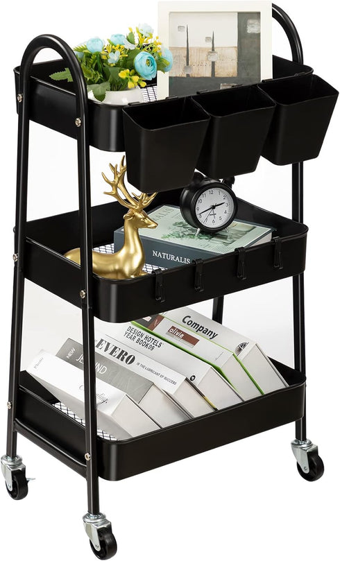 danpinera 3-Tier Rolling Cart, Metal Storage Cart with Lockable Wheels, Hanging Cups & Hooks, Black