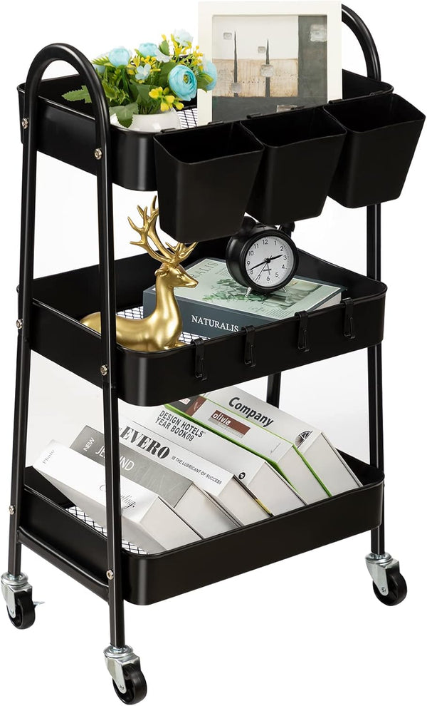 danpinera 3-Tier Rolling Cart, Metal Storage Cart with Lockable Wheels, Hanging Cups & Hooks, Black
