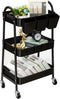 danpinera 3-Tier Rolling Cart, Metal Storage Cart with Lockable Wheels, Hanging Cups & Hooks, Black