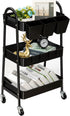danpinera 3-Tier Rolling Cart, Metal Storage Cart with Lockable Wheels, Hanging Cups & Hooks, Black