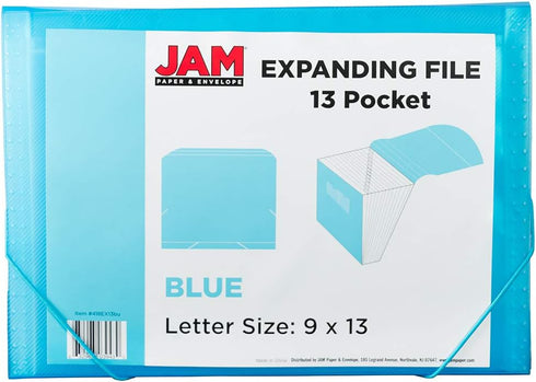 JAM PAPER Accordion Folders - 13 Pocket Plastic Expanding File, Letter Size, 9 x 13, Blue Grid, Sold Individually