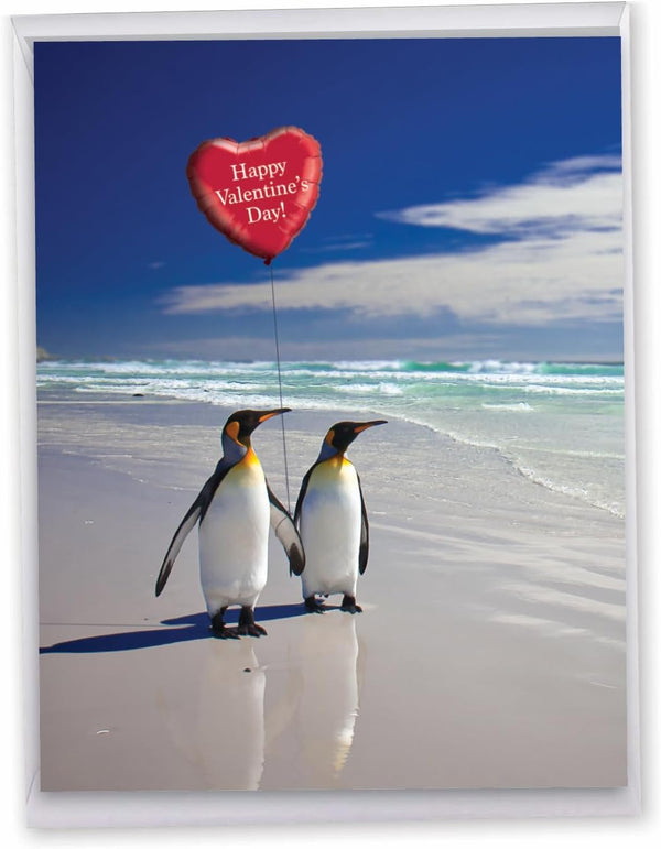 NobleWorks Big Animal Valentines Card with Envelope, Jumbo Notecard for Valentine's Day, Beach Penguins J3514VDG