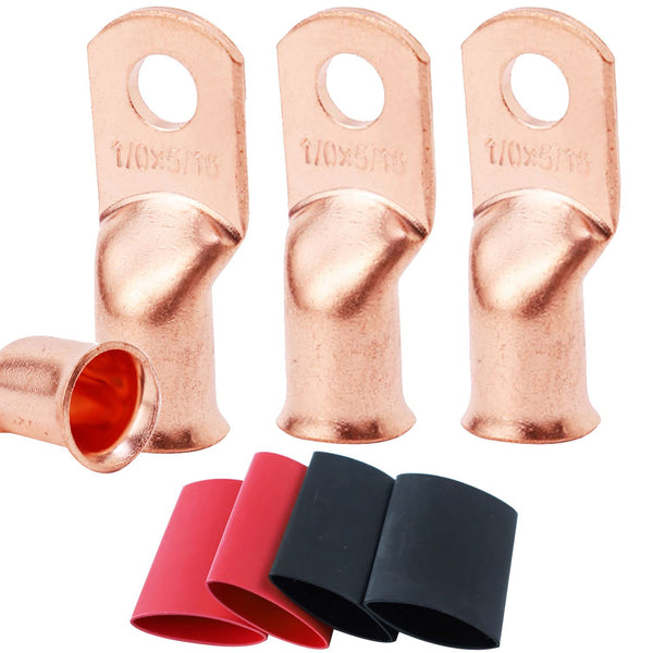 4pcs 1/0 AWG-5/16" Copper Battery Lugs, Heavy Duty Cable Ends with 3:1 Heat Shrink Tubing