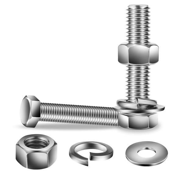 1/2-13 x 2-1/2" Hex Head Screw Bolt, Nuts, Flat & Lock Washers, 10Pcs 18-8 Stainless Steel Fully Threaded