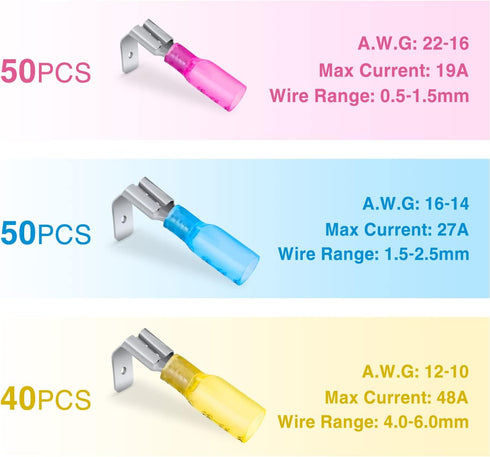 Nilight 140PCS Heat Shrink Piggy Back Spade Terminals, Assortment Kit for 22-16/16-14/12-10 AWG