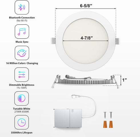 6 Inch, 12W 1080LM Dimmable 4 Pack Smart LED Recessed Ceiling Soffit Lights Canless Recessed Lights with and RGB+CCT