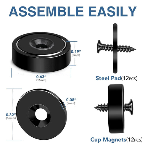 MIKEDE 12 Pack Strong Neodymium Magnets, 20lbs Black Countersunk for Wall Mounting, Heavy Duty Round Base