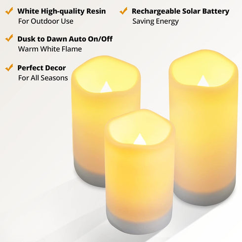 Set, 3.25"x4"5" 6" NURADA Large Outdoor Solar Powered Candles - Flameless Pillar Waterproof Rechargeable Candle White