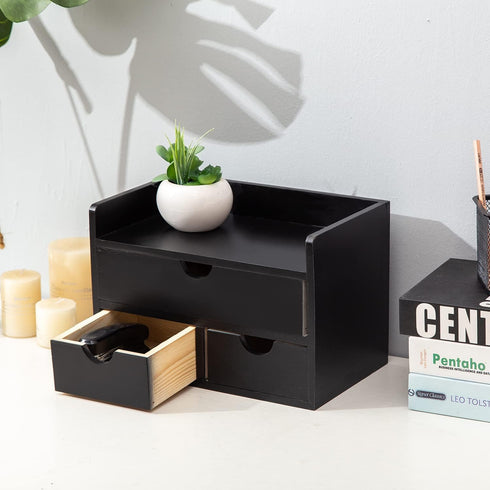 Black Bamboo Desk Organizer - Wooden Storage Cabinet with 3 Drawers and Shelf for Home Office Workspace Organization