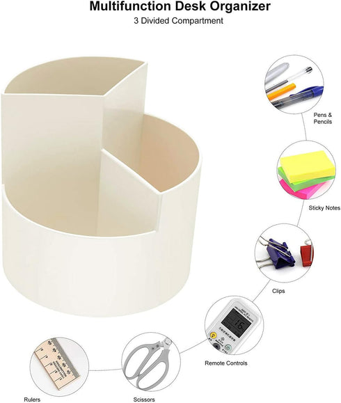 Desk Pencil Pen Holder, 3 Slots 360-Degree Rotating Organizer for Home, Office, School, Kids, White