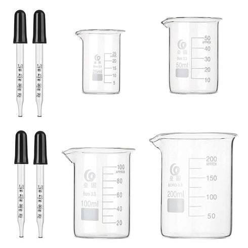 Glass Beaker Set, 4 Pack Low Form Griffin Lab Beakers 25ml 50ml 100ml 200ml Thick Wall with 4 Pcs 1ml Pipette