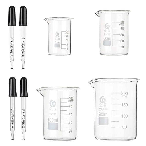 Glass Beaker Set, 4 Pack Low Form Griffin Lab Beakers 25ml 50ml 100ml 200ml Thick Wall with 4 Pcs 1ml Pipette