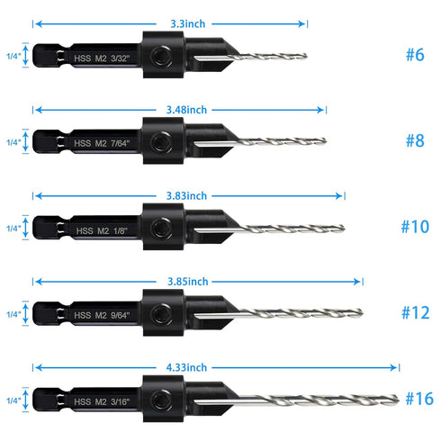 5-pc Countersink Drill Bit Set, 3in1 Woodworking Counterbore Hole Drill Bits for #6 8 10 12 16 Screws, Depth Adjustable M2 Pilot Drill Bits, 82-Degree Chamfer, 1/4 Hex Shank, 2 Allen Wrench