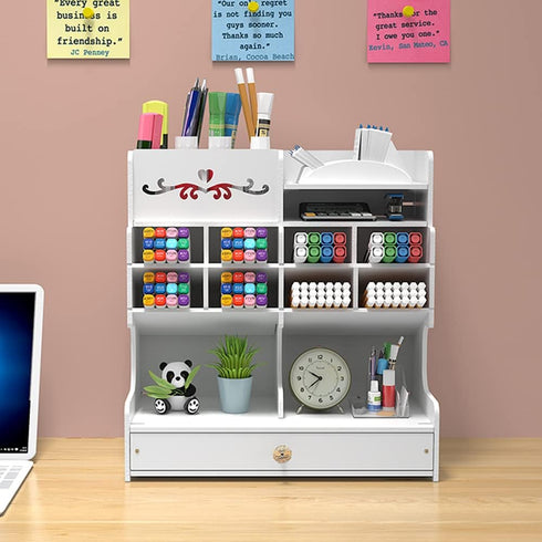 White Pen Organizer with Drawer, DIY Pencil Holder Desk Tidy Caddy for Home, Office, and School (PB18-1-White)