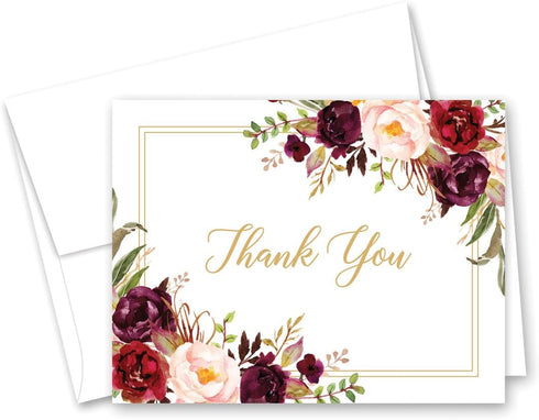 InvitationHouse Burgundy Wine Floral Thank You Cards and Envelopes - 50 cnt