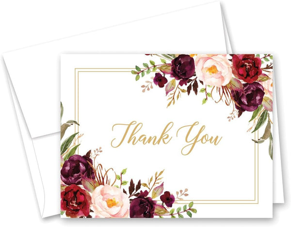 InvitationHouse Burgundy Wine Floral Thank You Cards and Envelopes - 50 cnt