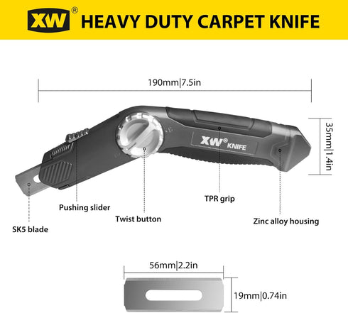 XW Retractable Carpet Knife, Heavy Duty Zinc Alloy with Twist-lock Design, Extra 5 Blades Included