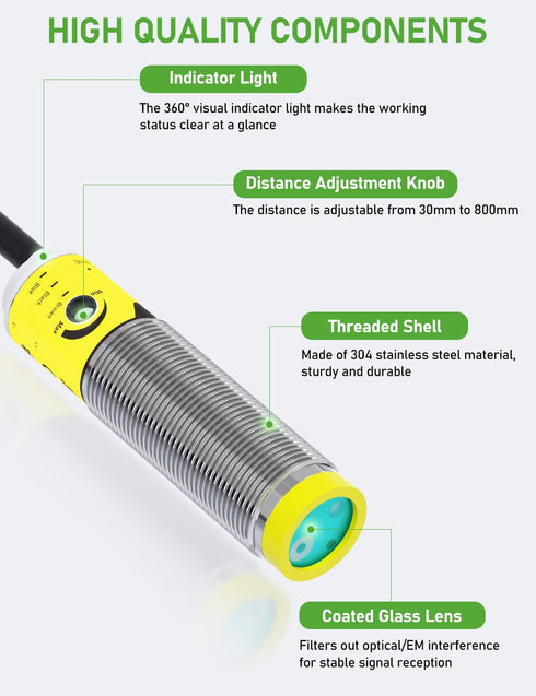 Switch,IP65 M16, 3 Wires,12V/24V Input(10-30VDC), 3cm 80cm DIHOOL Photoelectric Proximity Sensor, Laser Motion