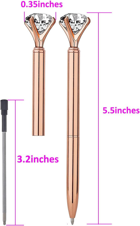 Diamond Pens Metal Ballpoint Pen - 3 Pack Fun Fancy Crystal Diamond Bling Rose Gold Pens for Women