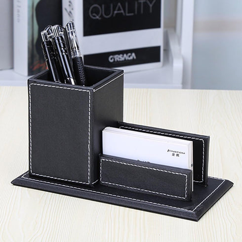 KINGFOM PU Leather Desk Organizer and Accessories, Black Pencil Holder with Business Cards Stand, School Office