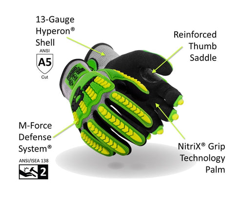 MAGID T-REX Flex Series Lightweight Impact Gloves, Size 8/M, 1 Pair, Black & Green NitriX Palm Coating